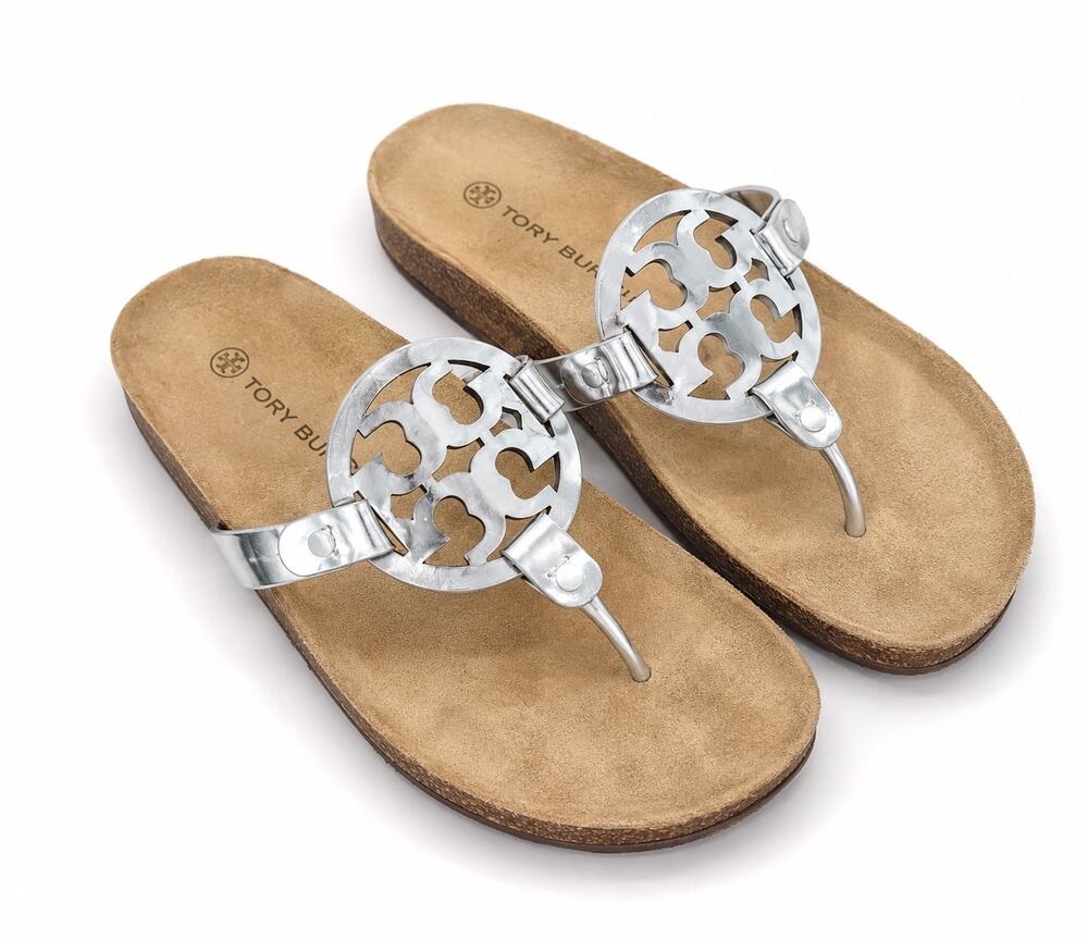 Tory Burch Miller Cloud Mirror Metallic Silver Thong Sandals 9.5